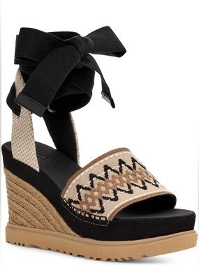 UGG Sz 9.5 Abbot Ankle Wrap Espadrille Neutral Sandals W/ Tribal Embroidery NWT